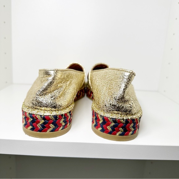 Gucci Metallic Gold Crinkled Leather Web Pilar Bee Espadrilles Flats 7 - Picture 7 of 10